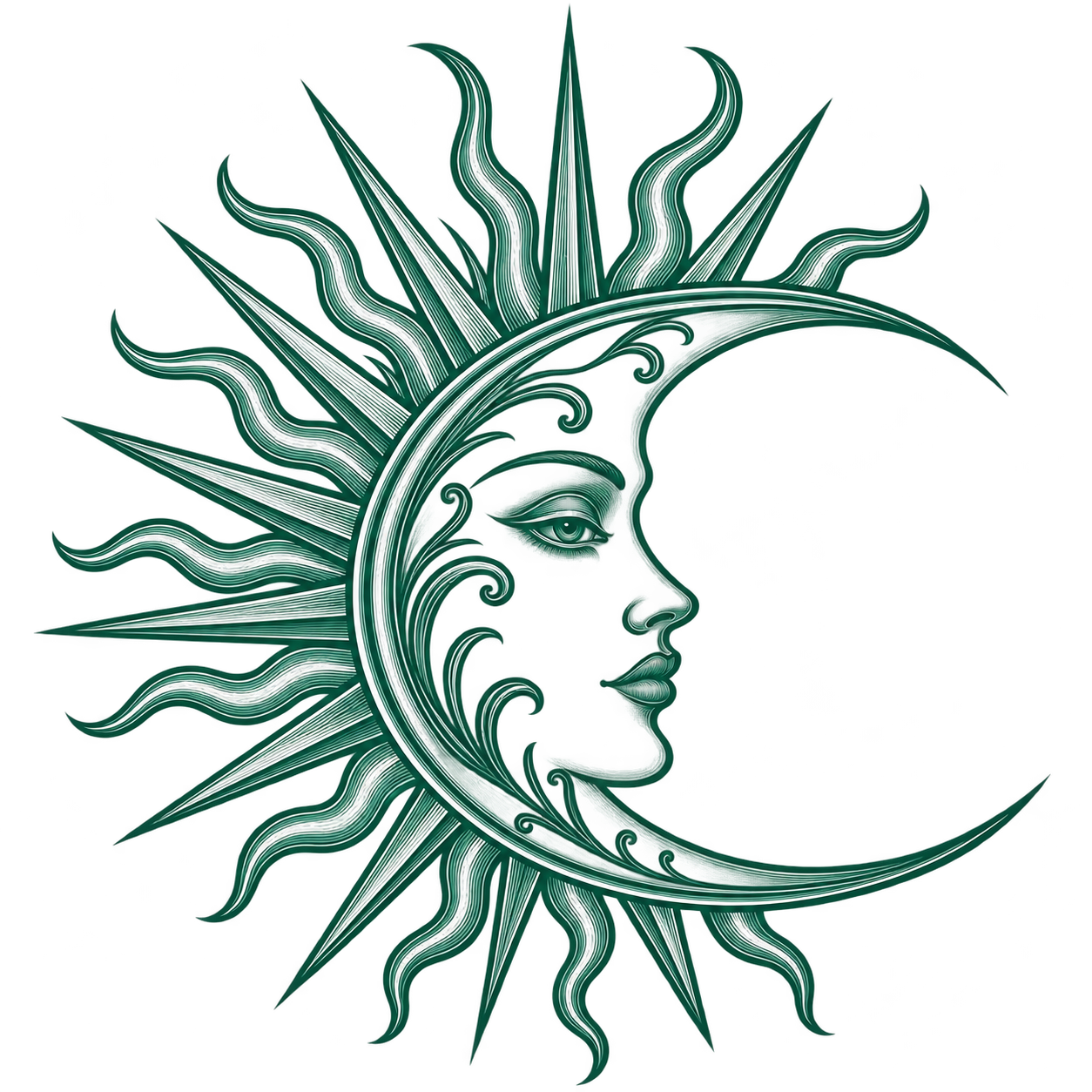 An artistic illustration of a crescent moon with a woman’s face, surrounded by sun rays.