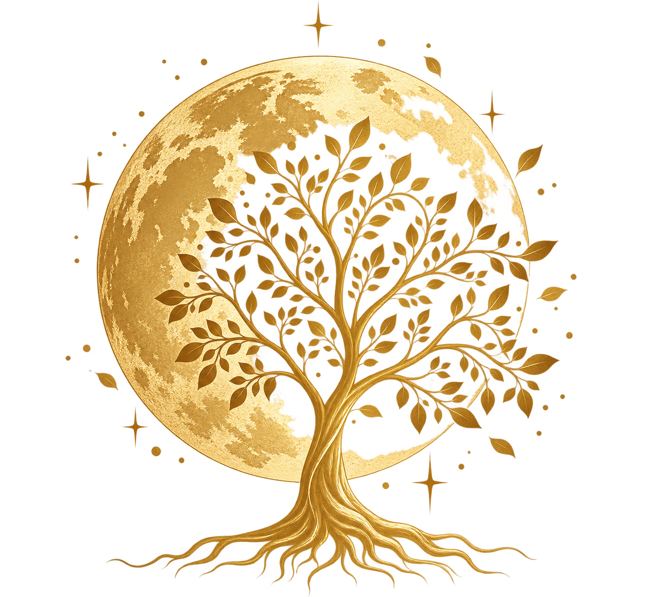 Golden tree with leaves in front of a large, detailed full moon.