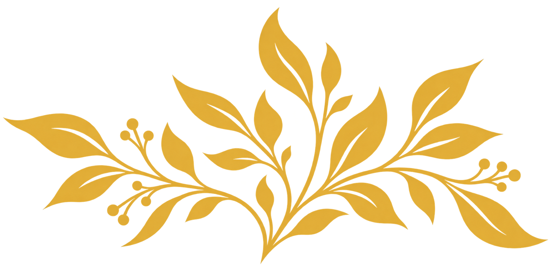 Gold decorative leaf design with small berries and stylized leaves.