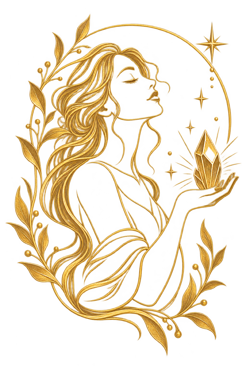 Woman holding a crystal in a gold Embrace illustration