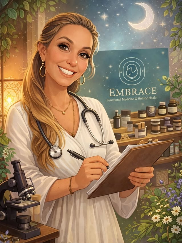 Illustration of a smiling female doctor or herbalist with a stethoscope around her neck, writing on a clipboard in a herbal or natural medicine clinic. The background features shelves with jars and bottles, a sign that says 'Embrace,' and a mural with stars, a crescent moon, and greenery.