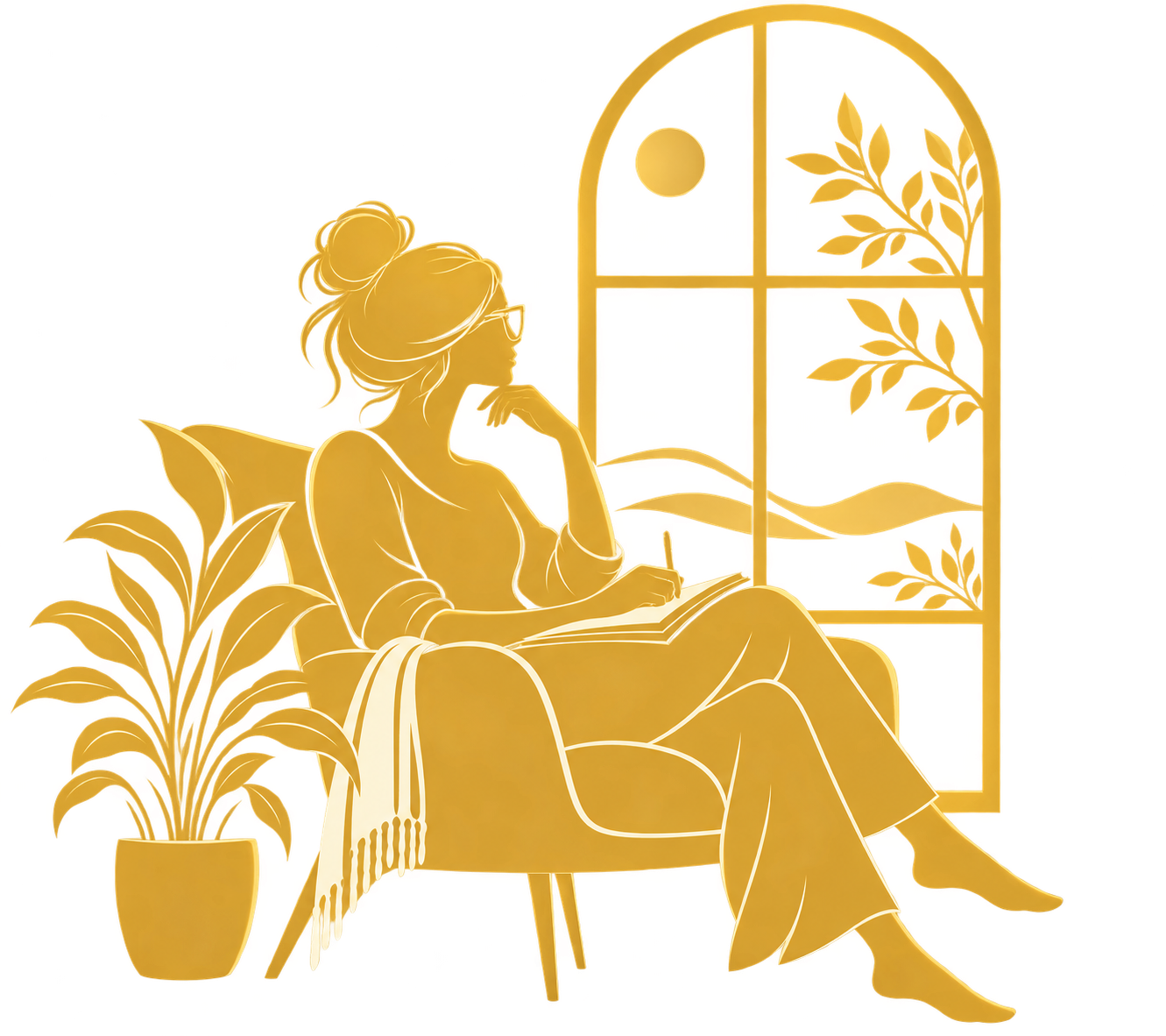 Woman reading beside a window with a plant