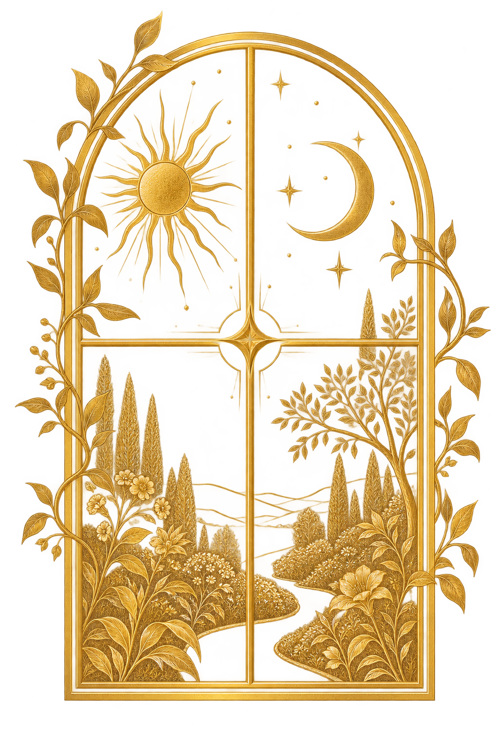 A decorative golden panel with a landscape scene of trees, flowers, and a winding river, divided into four sections by a cross, with a sun and a crescent moon in the upper sections and surrounded by leaves and branches.