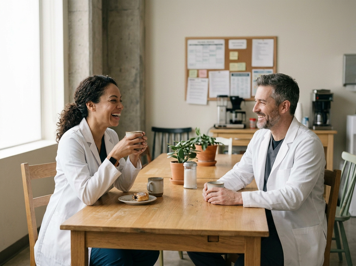 Two medical professionals, a woman and a man, are sitting at a wooden table, smiling and talking, with coffee cups in their hands, in a break room or office kitchen setting.