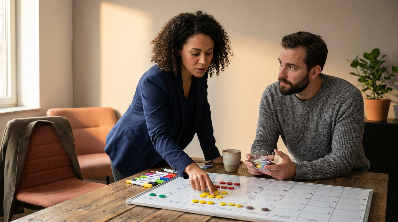 Two people playing a game on a large whiteboard with colored chips, markers, and a pen on a wooden table, in a room with a window and potted plant.