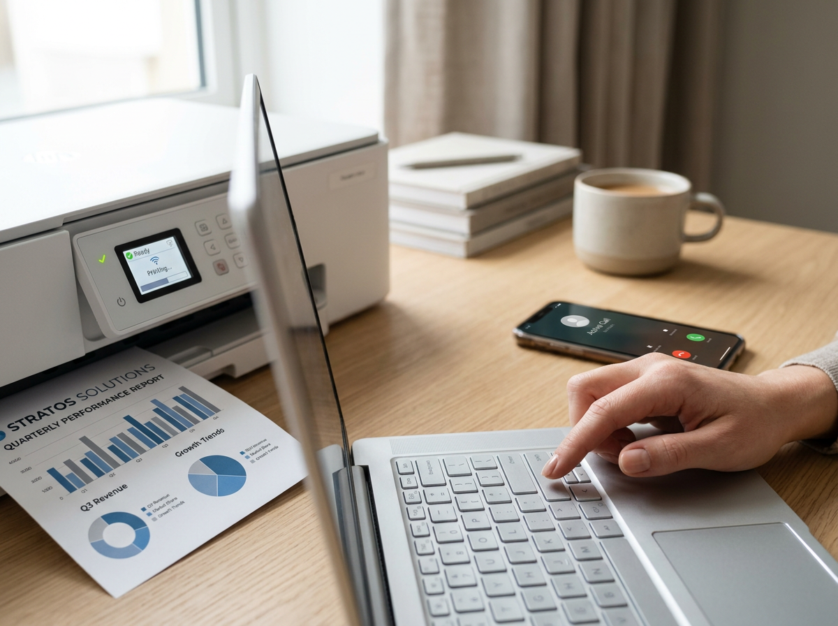 A person typing on a laptop keyboard at a desk with a printer, a stack of notebooks, a cup of coffee, a smartphone with an incoming call, and a printed report with charts.