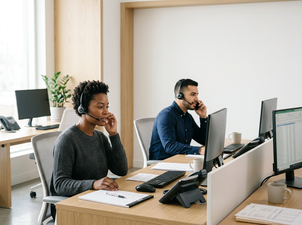 Two customer service agents wearing headsets working at desks in an office.