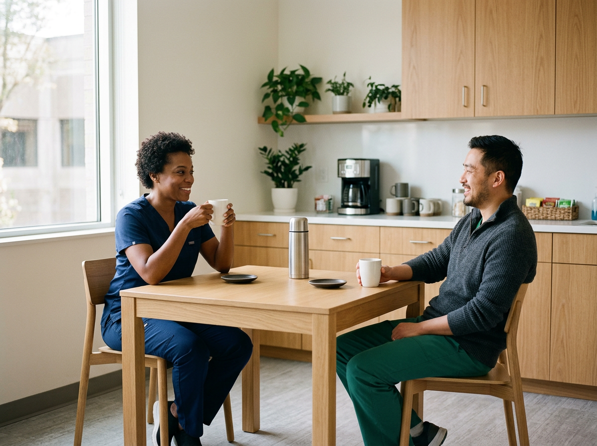 A woman and a man sitting at a wooden table in a bright kitchen, smiling and talking while holding coffee cups.