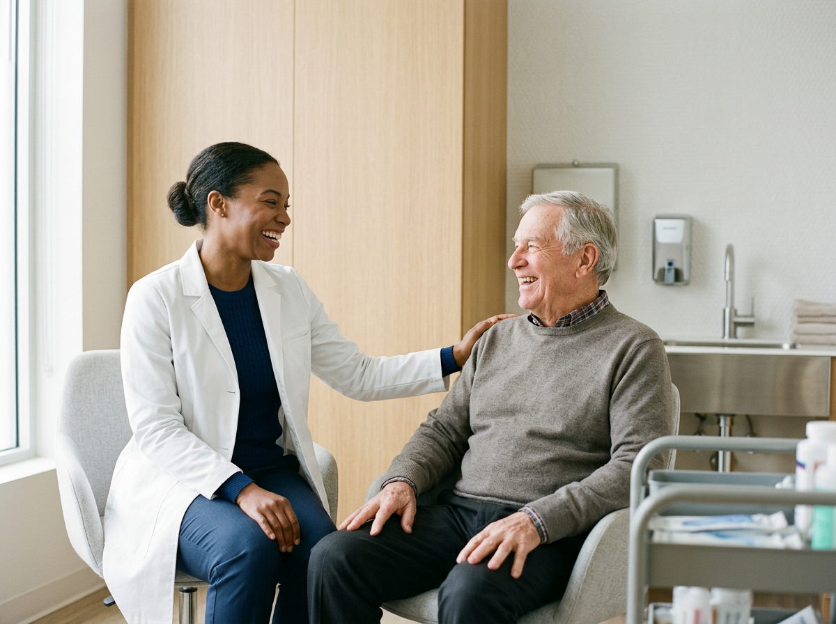 A smiling female healthcare provider sitting next to an elderly man in a hospital room, gently touching his shoulder.
