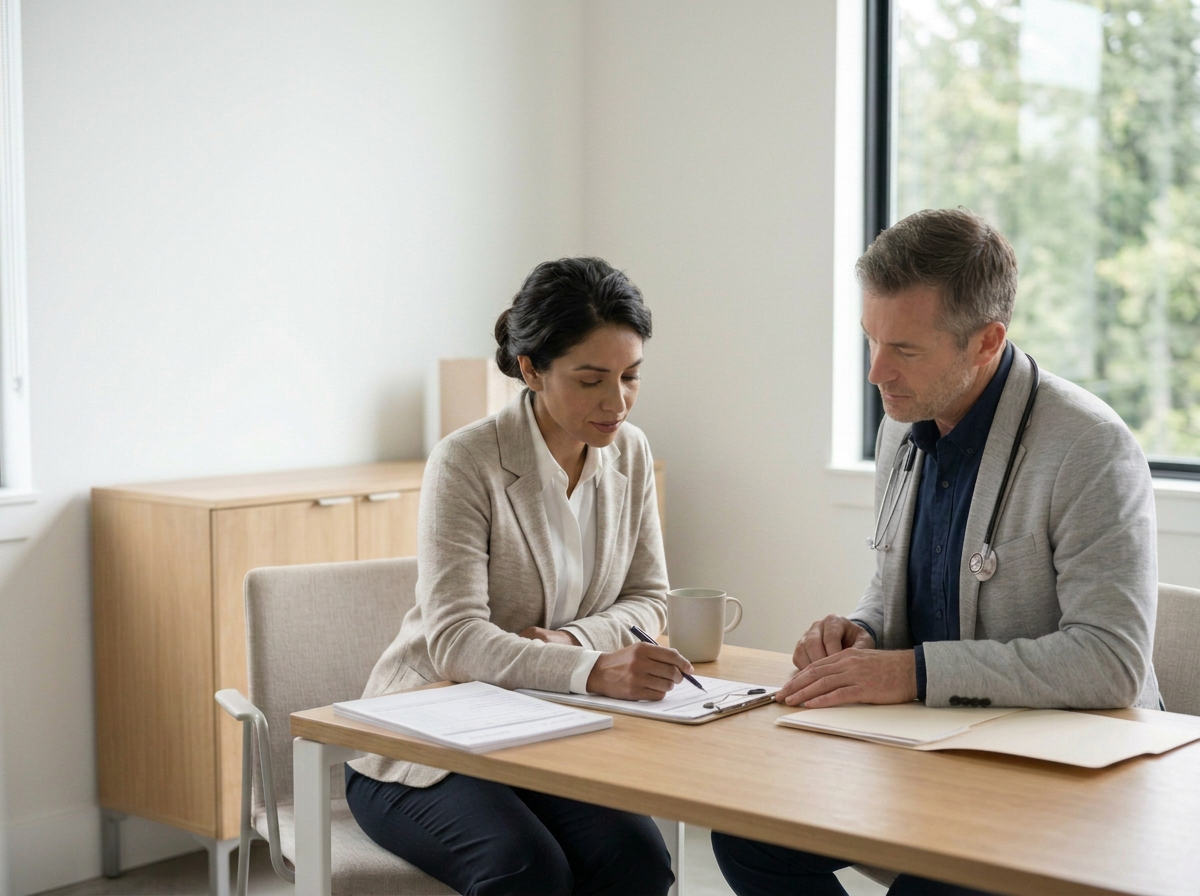 A woman and a male doctor sitting at a table during a consultation in a bright room with large windows.