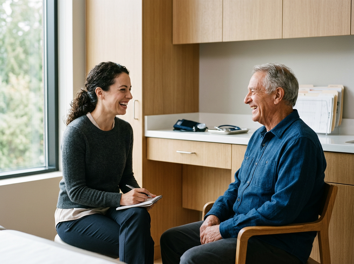 A female healthcare professional sitting on a stool, smiling and taking notes, engaging in a conversation with an older male patient, smiling and sitting on a wooden chair, in a medical office with a window showing trees outside.