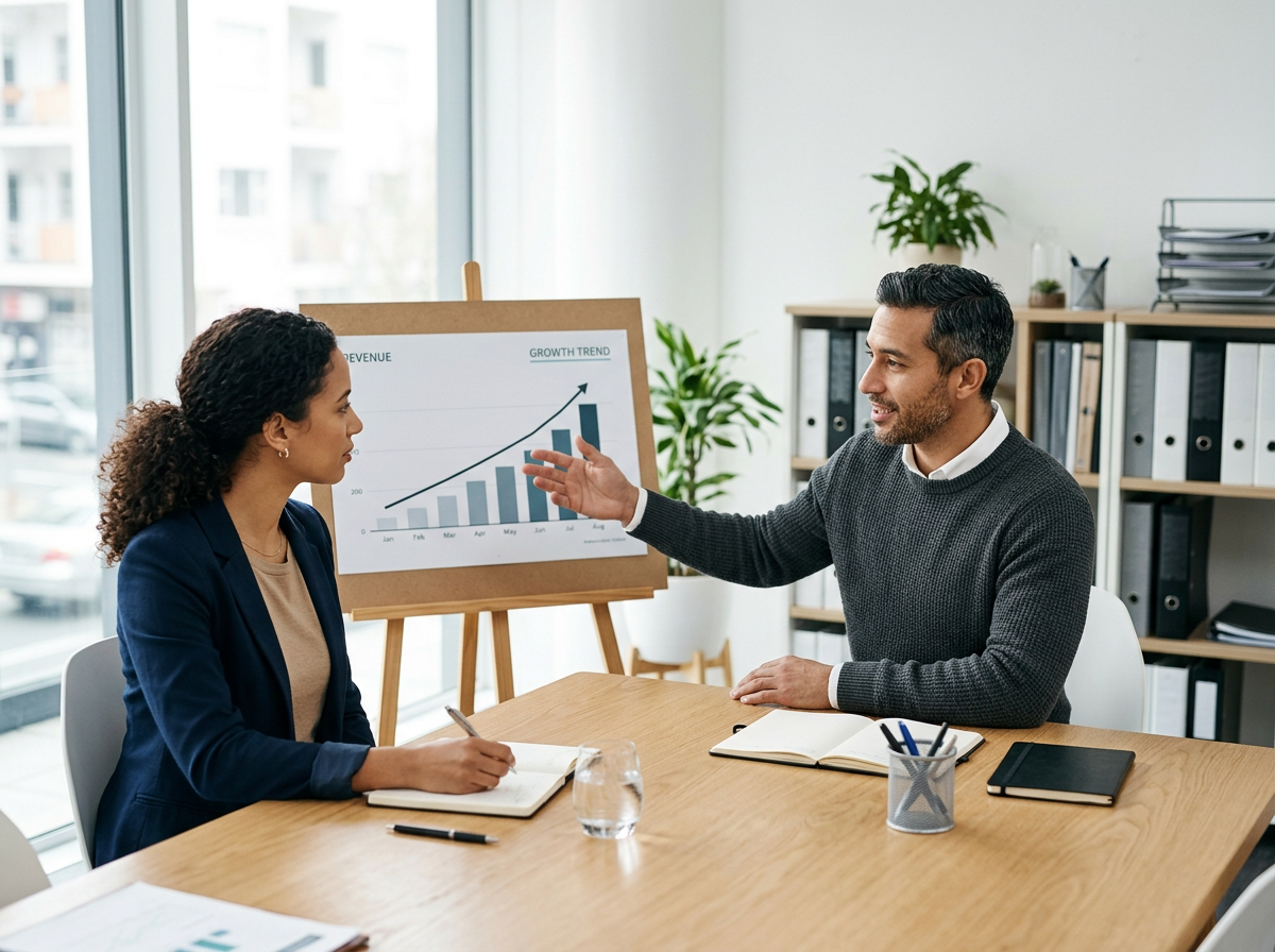 A man and a woman having a business meeting in a modern office, discussing a chart showing revenue growth trend.