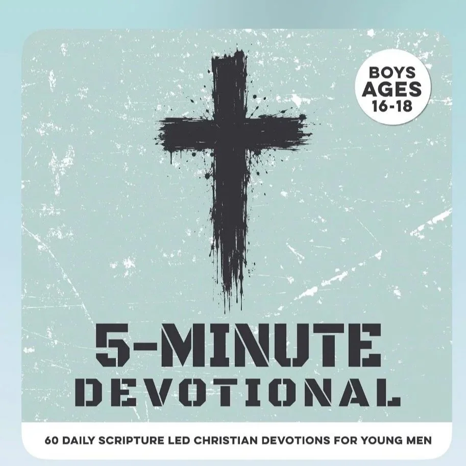 Cover of a devotional booklet with a black cross and text indicating it is a 5-minute devotional for boys aged 16-18, offering 60 daily scripture-led Christian devotions for young men.