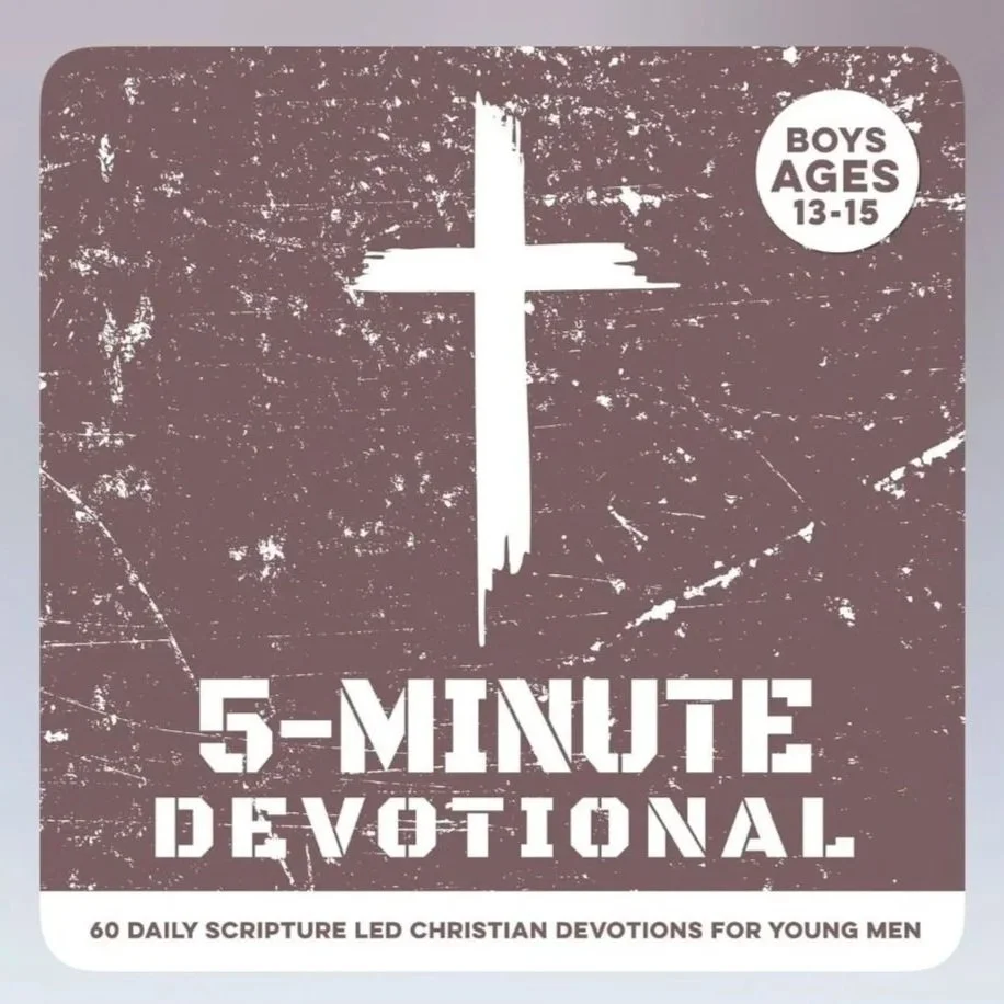 Brown textured background with a white cross in the center. Text in the upper right corner reads "BOYS AGES 13-15." Bold white text at the bottom states "5-MINUTE DEVOTIONAL." Smaller text below says "60 DAILY SCRIPTURE LED CHRISTIAN DEVOTIONS FOR YO