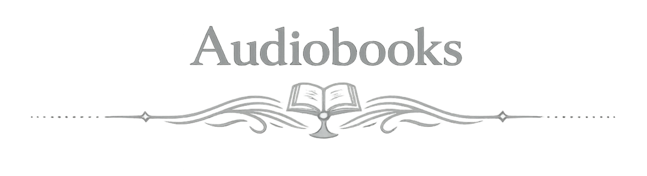 A grayscale logo featuring the word 'Audiobooks' above an open book with decorative swirls.