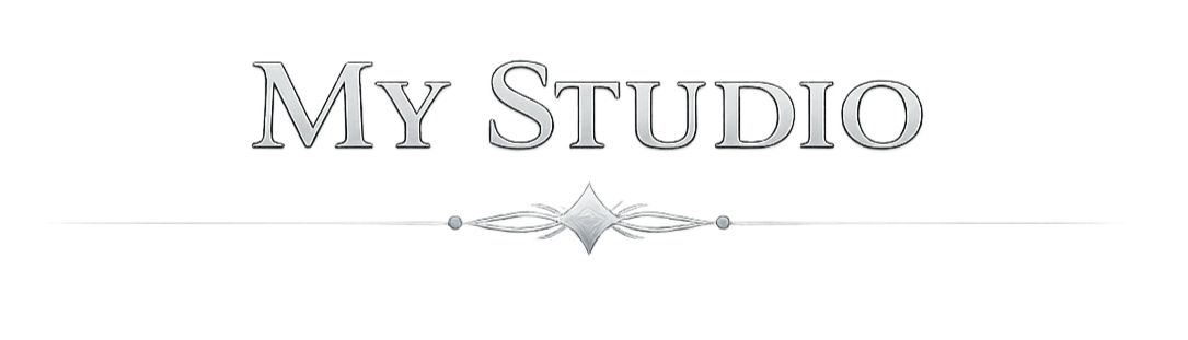 Silver metallic text says "My Studio" with decorative ornament underneath on a black background.