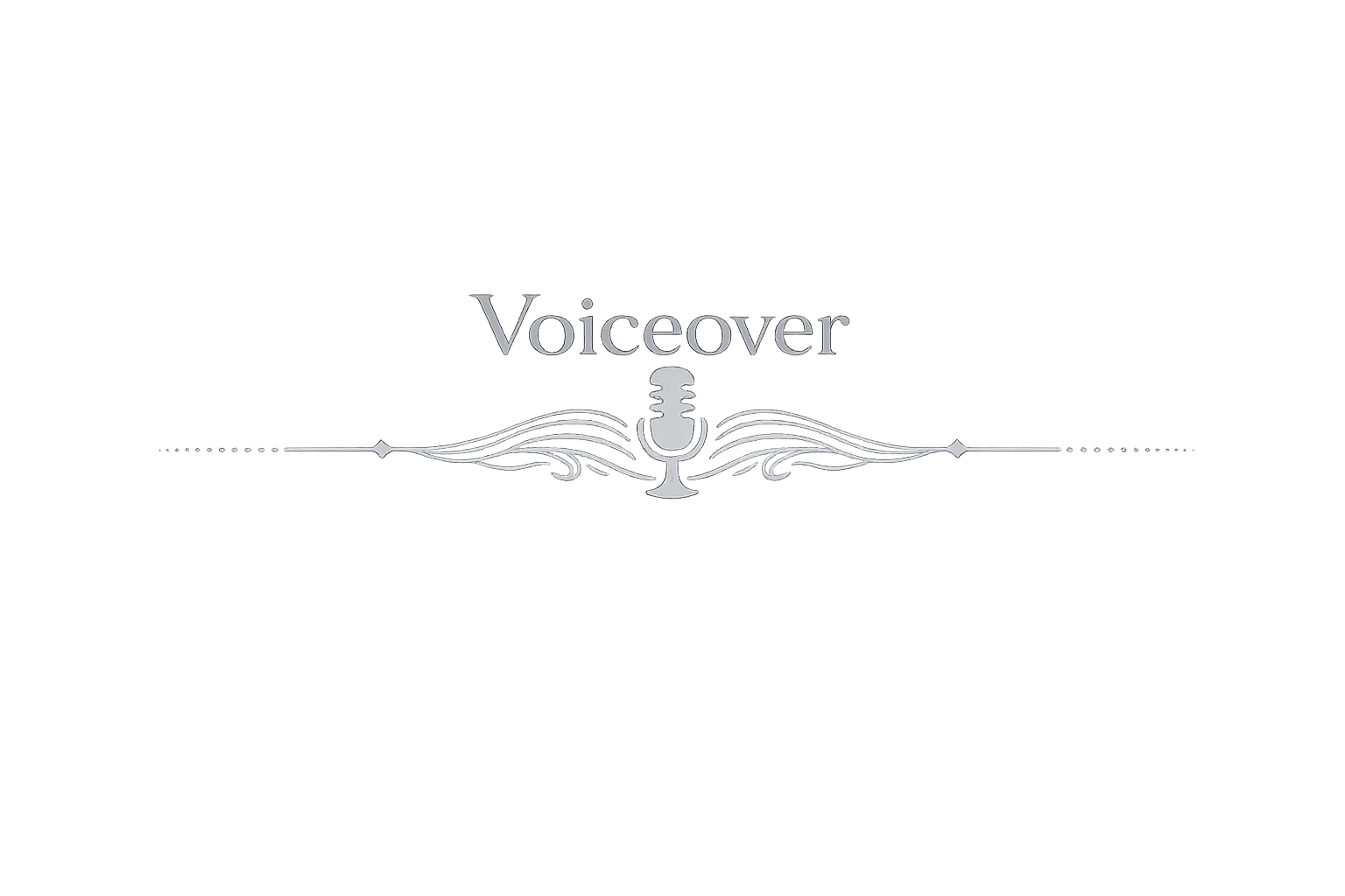 Gray background with the word 'Voiceover' in the center, decorated with a vintage microphone graphic and elegant line designs.