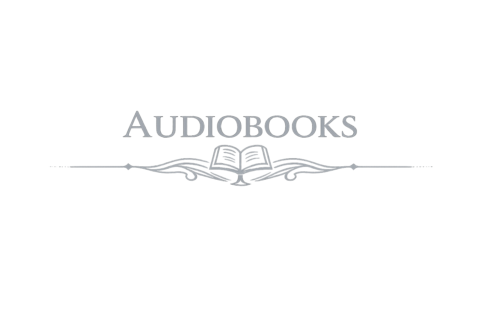 Black background with the word 'AUDIOBOOKS' in large silver font and an open book icon below, with decorative lines on either side.
