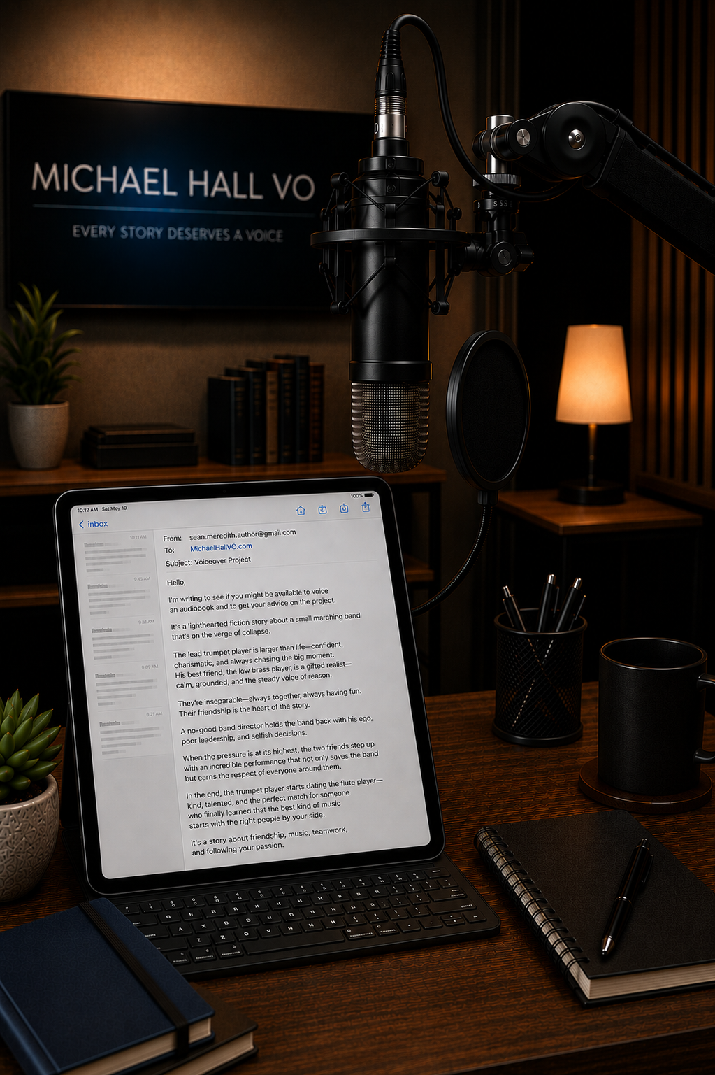 A professional recording studio setup with a microphone, a tablet displaying an email about a voiceover project, a small notebook with a pen, a black speaker, pens in a holder, a coffee mug, a plant, a desk lamp, a bookshelf, and a monitor showing a sign that reads "Michael Hall VO" and "Every story deserves a voice."
