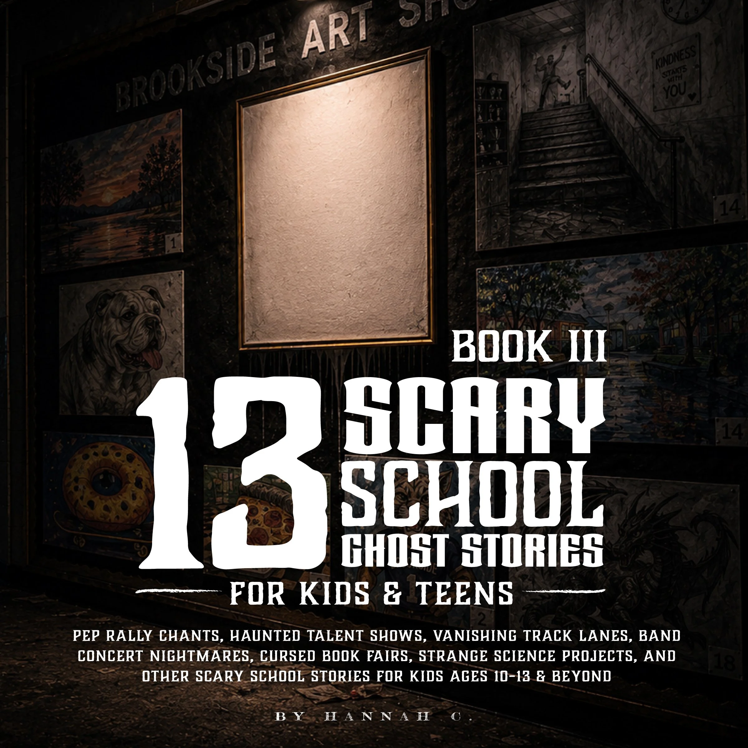 Book cover or promotional poster for a book titled 'Book III' by Hannah C., featuring dark background with artwork including a dog and images of stairs, paintings, and science projects. Text indicates content includes horror stories for kids and teen