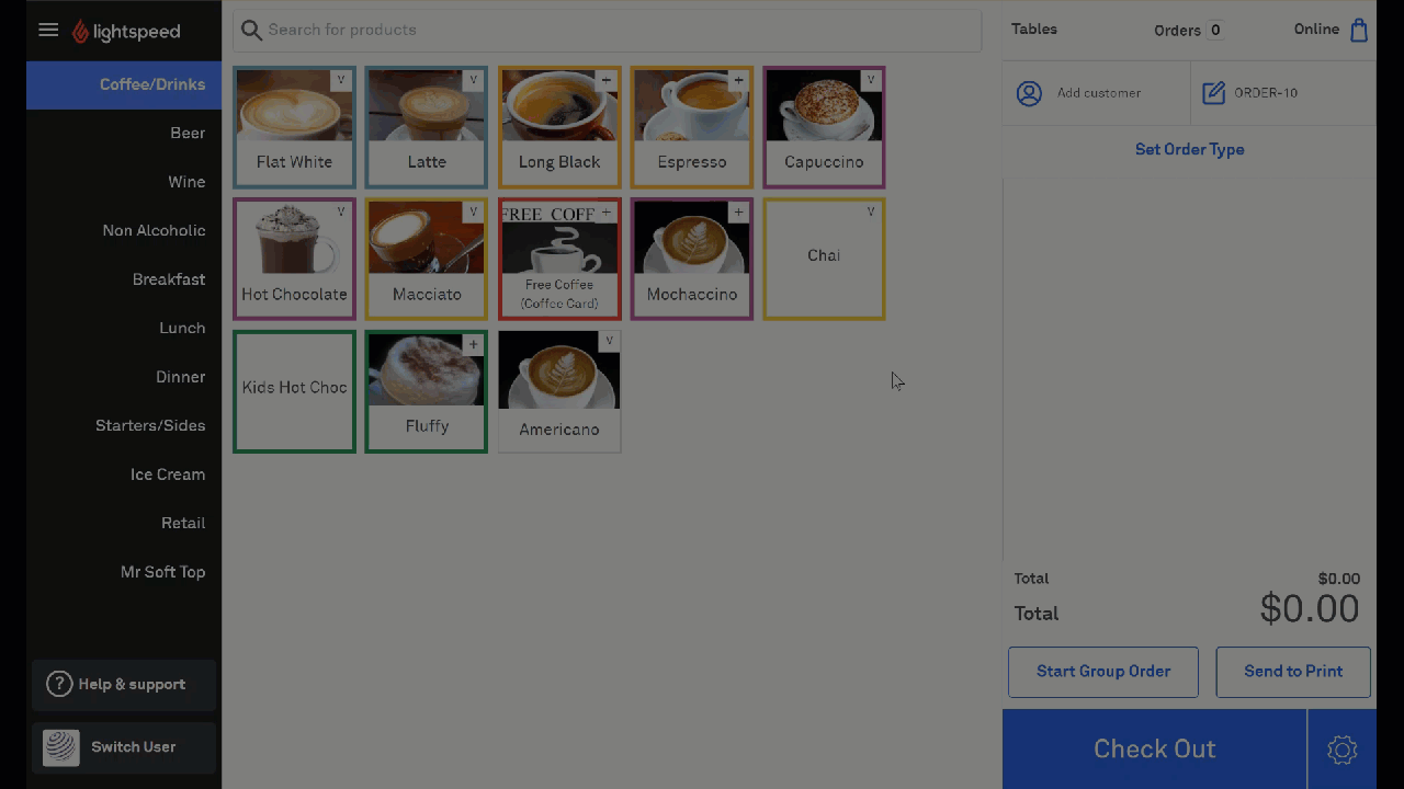 Screenshot of a coffee shop ordering system with various beverage options such as Flat White, Latte, Long Black, Espresso, Cappuccino, Hot Chocolate, Macchiato, Free Coffee, Mochaccino, Chai, Kids Hot Chocolate, Fluffy, and Americano displayed on a digital menu. The interface includes sidebar categories and options for checkout and support.
