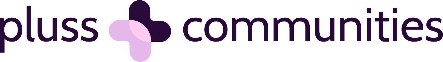 Part of a logo with purple and lilac text reading 'pluss communities' and a purple plus symbol.