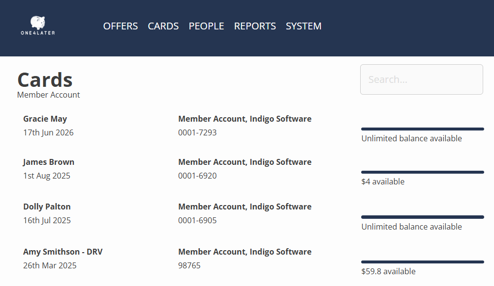 Screenshot of a webpage showing a user's cards with names, dates, account details, and balances.