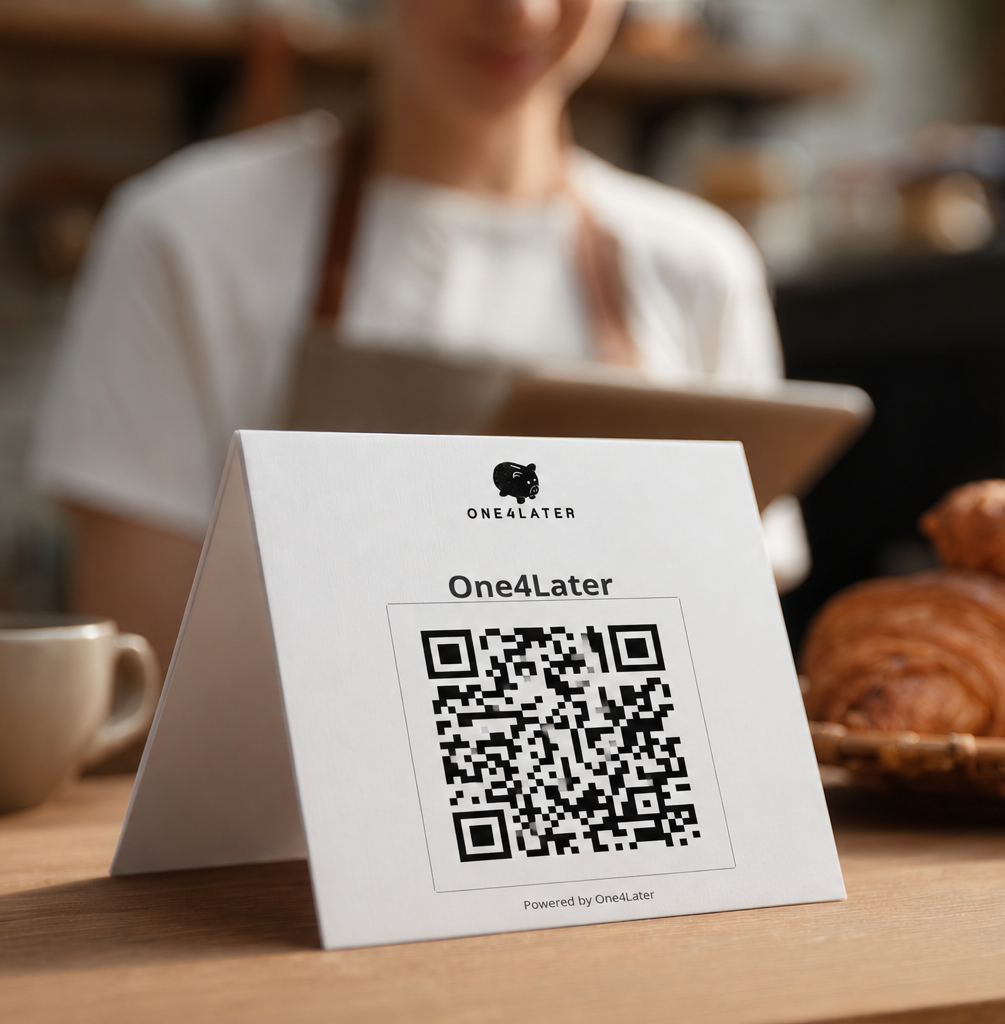 Table with a QR code sign labeled 'One4Later' in front of a person wearing a white shirt and apron at a cafe or bakery, with a coffee mug and bread in the background.