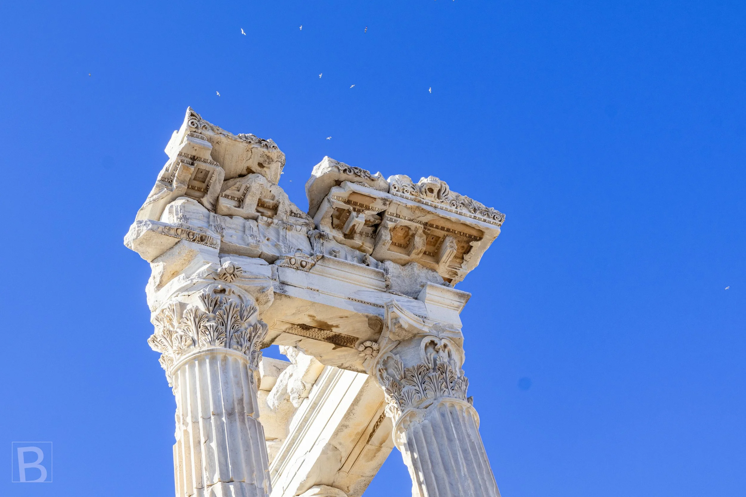 Carved leaves and fractured masonry preserve the decorative
ambition of a monumental Roman structure.
