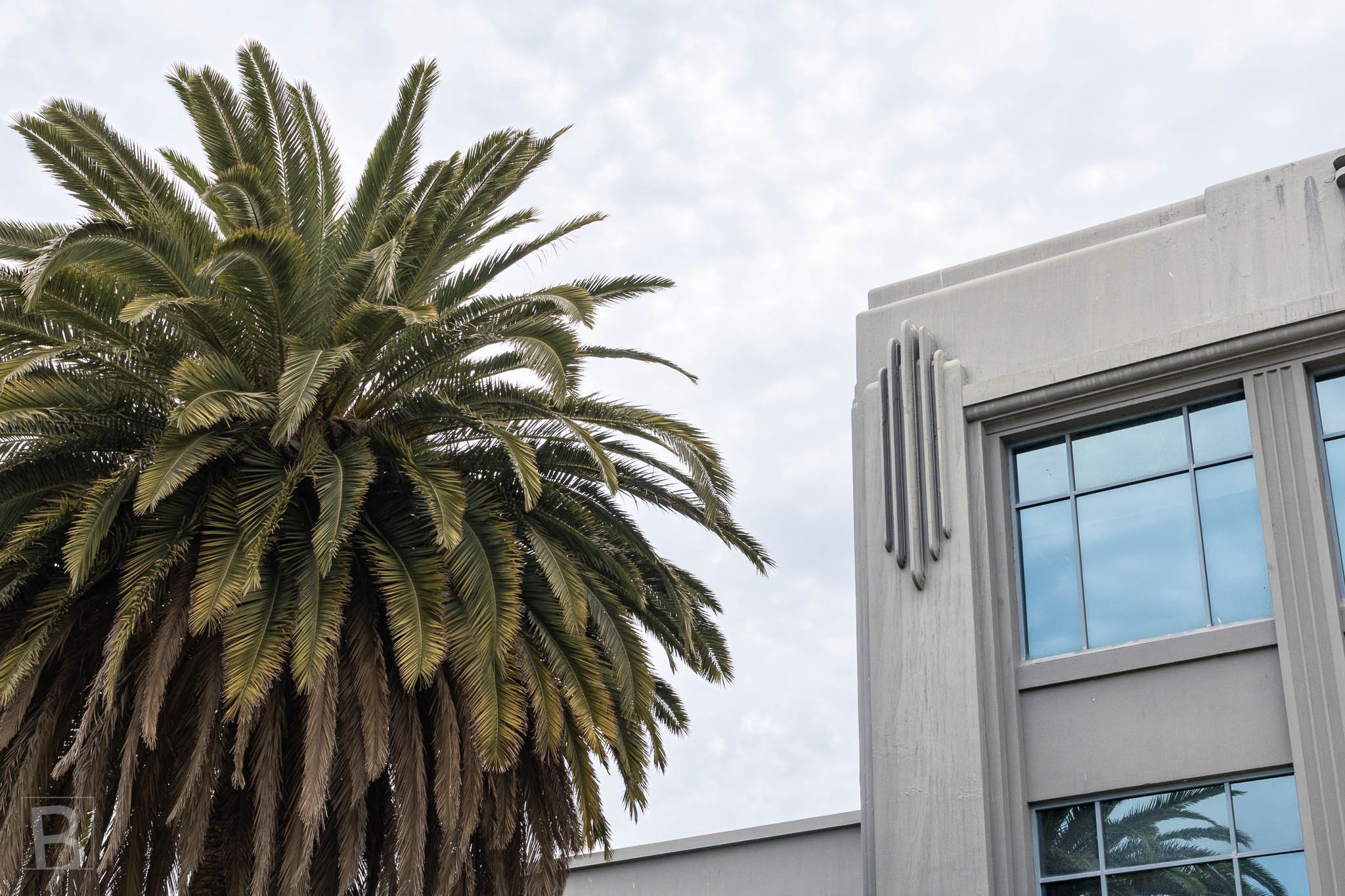 Natural fronds and vertical Moderne ornament echo one another
beside a carefully proportioned corner window.