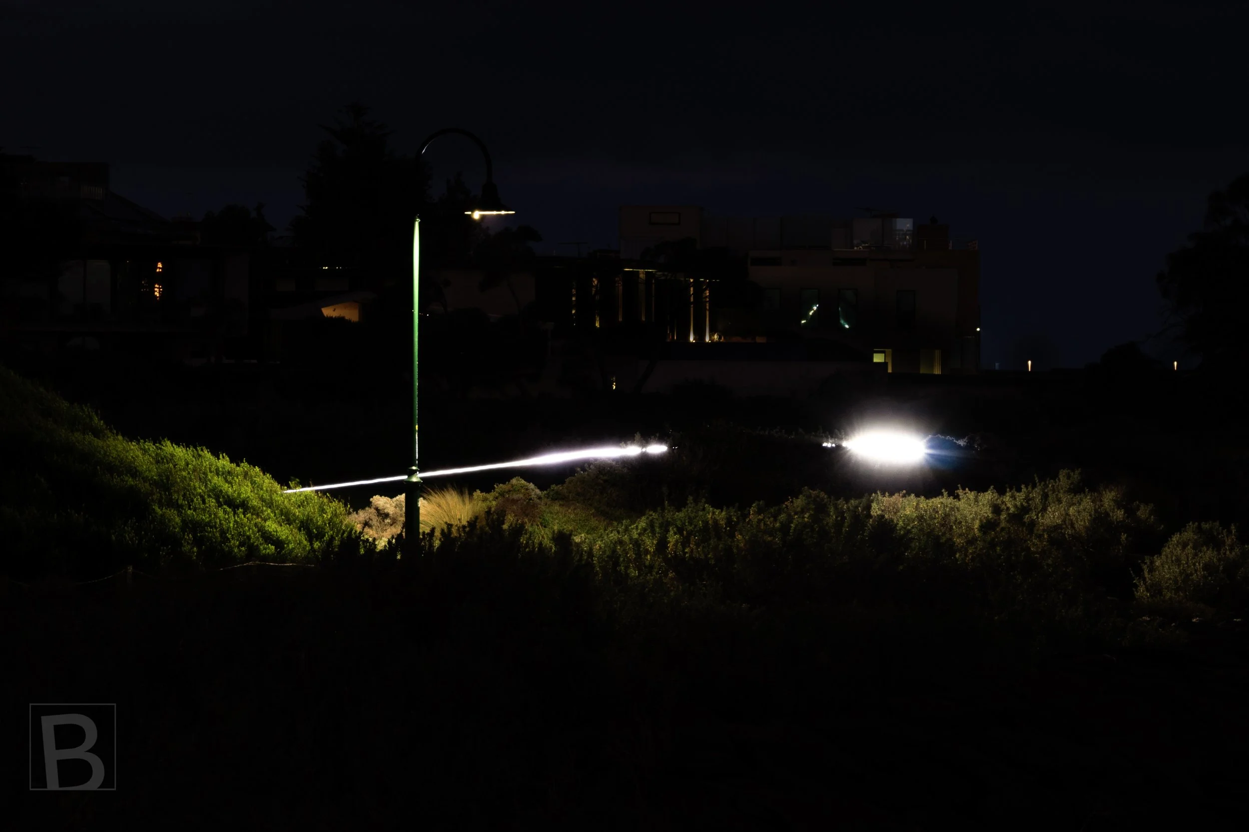 Passing bike becomes a ribbon of white light beyond shadowed
grass, transforming an ordinary roadside view into a quiet nocturnal
study.