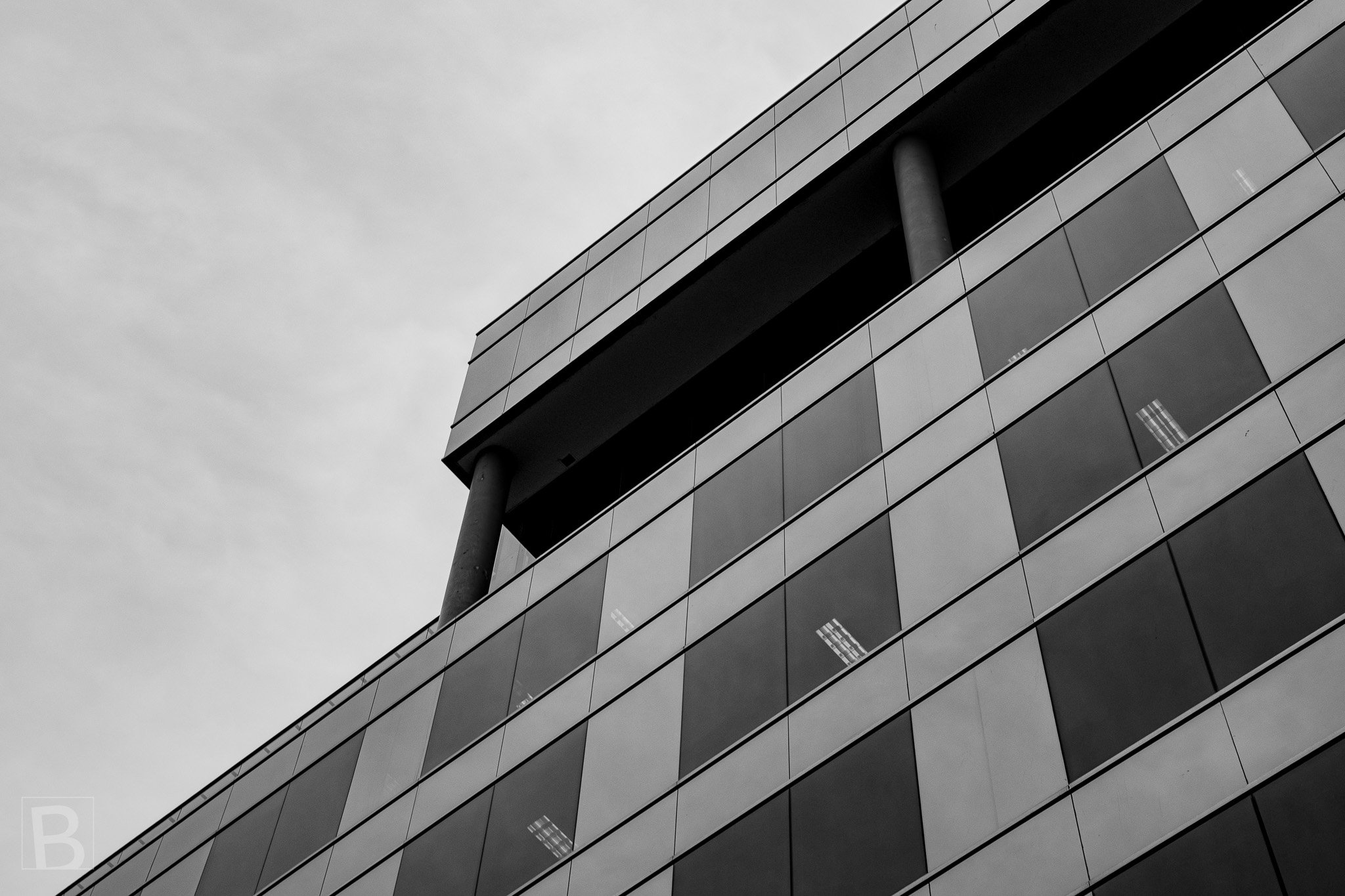 A repeating panel system creates a measured architectural rhythm,
interrupted by windows, columns and shadowed setbacks.