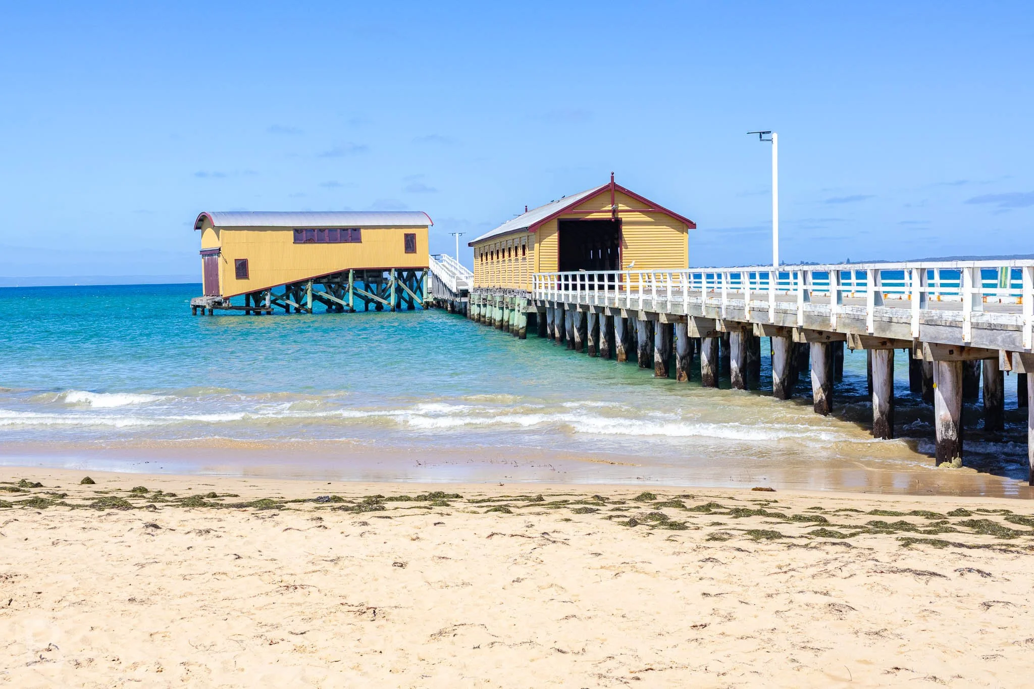Seen from the shoreline, the long pier and its historic sheds form a
distinctive part of Queenscliff's coastal identity.