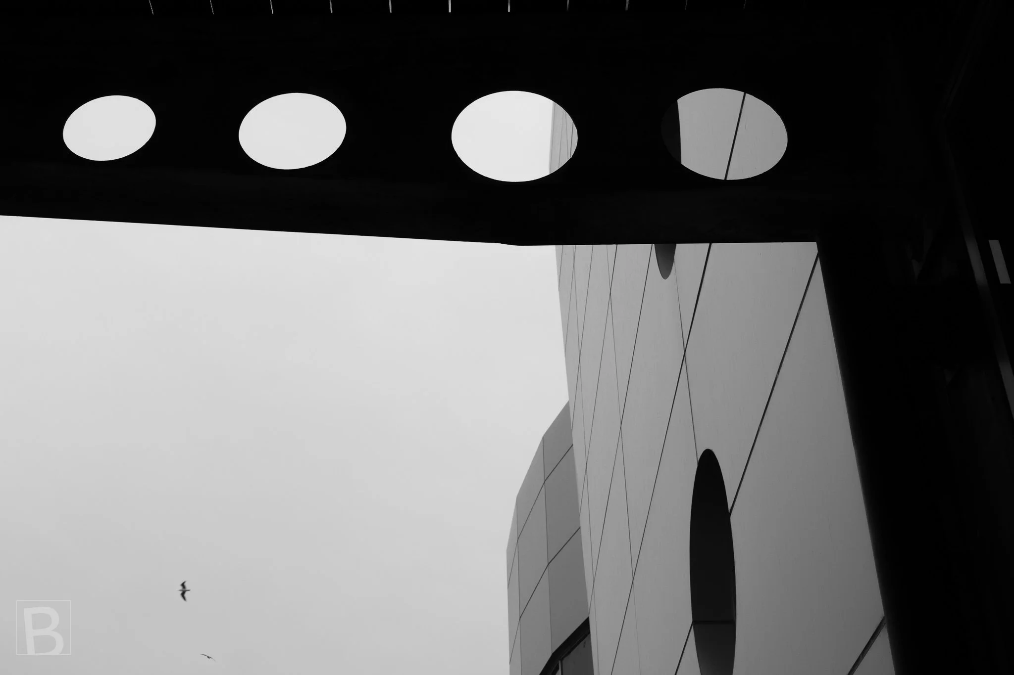 Repeated openings, sweeping wall lines and a small distant bird
create a playful abstract architectural composition.