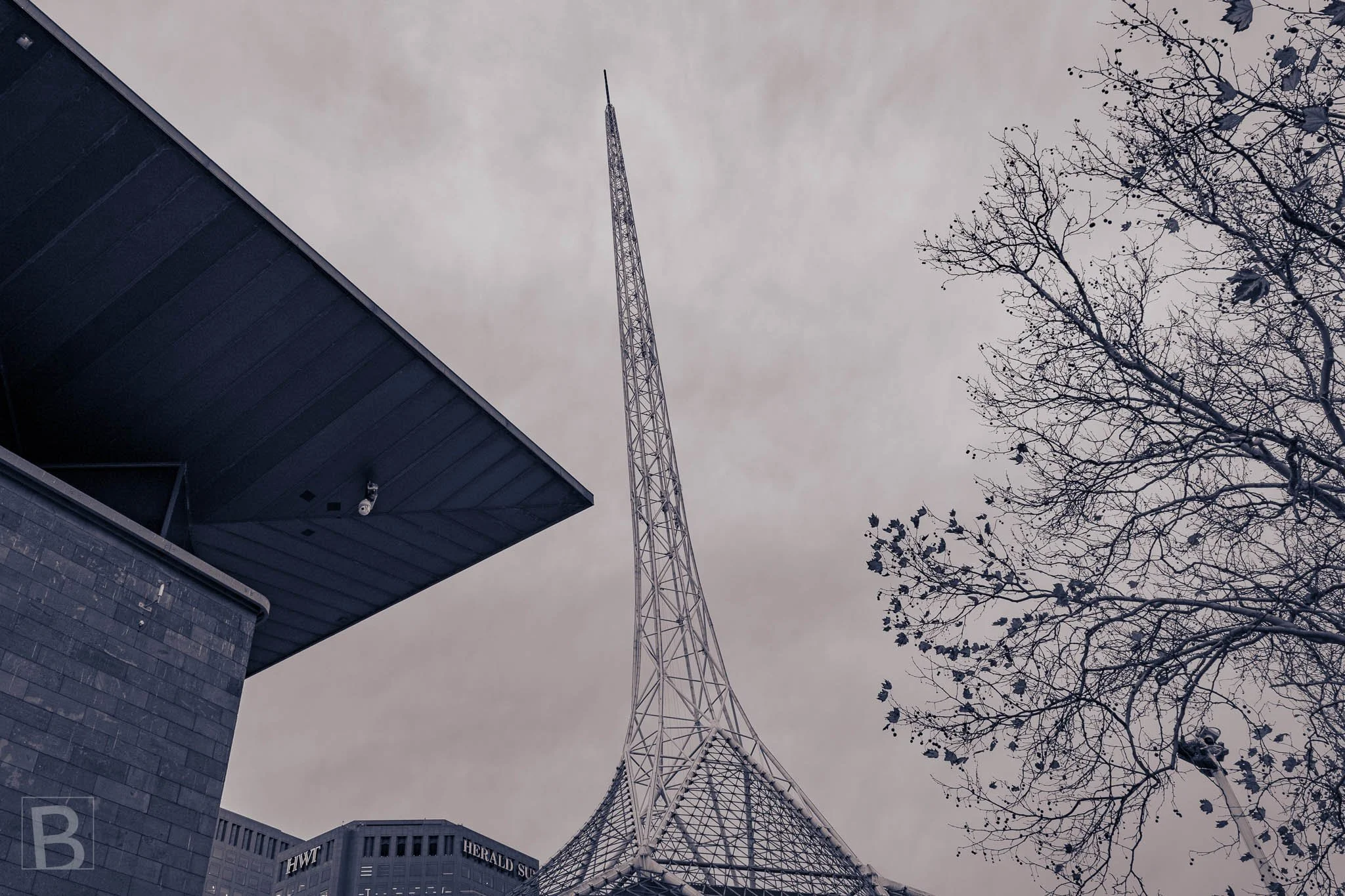 Melbourne's slender Arts Centre spire is glimpsed through an
accidental urban frame of architecture, branches and open sky.