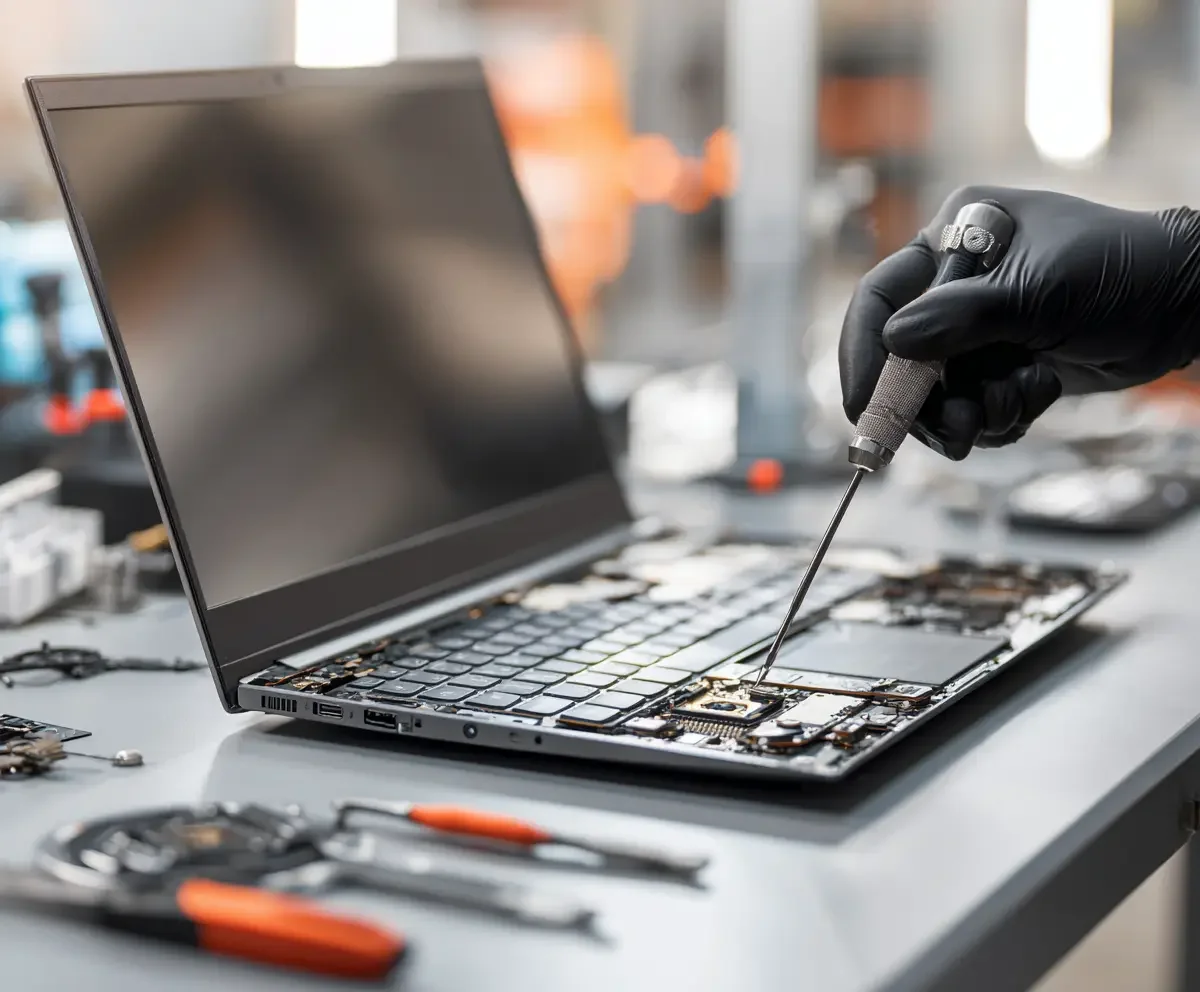 A technician in black gloves repairing a disassembled laptop, using a screwdriver on the internal components, on a workbench with tools around.