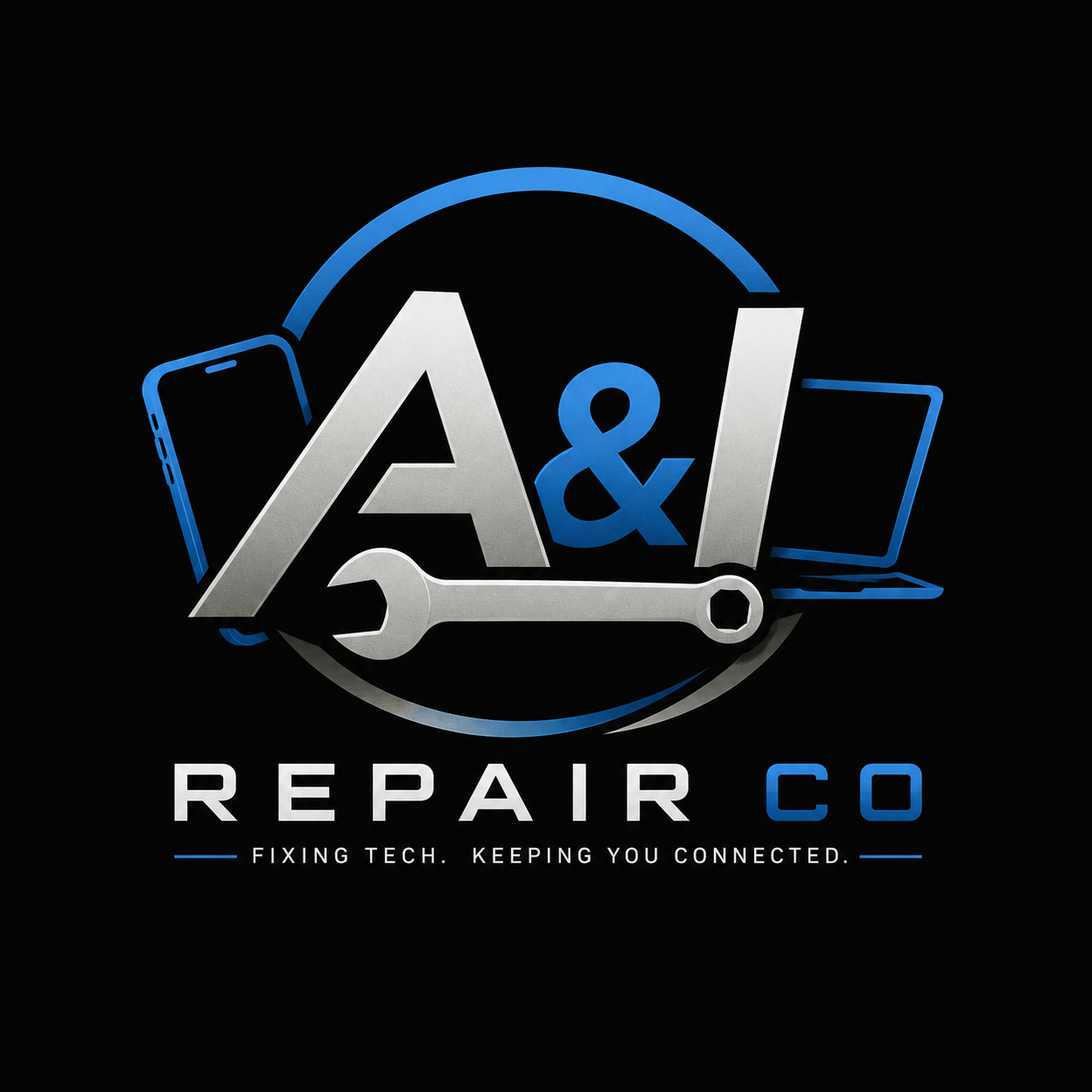 Logo for A&I Repair Co featuring smartphone, laptop, wrench, and infinity symbol, with the tagline 'Fixing Tech. Keeping You Connected.'
