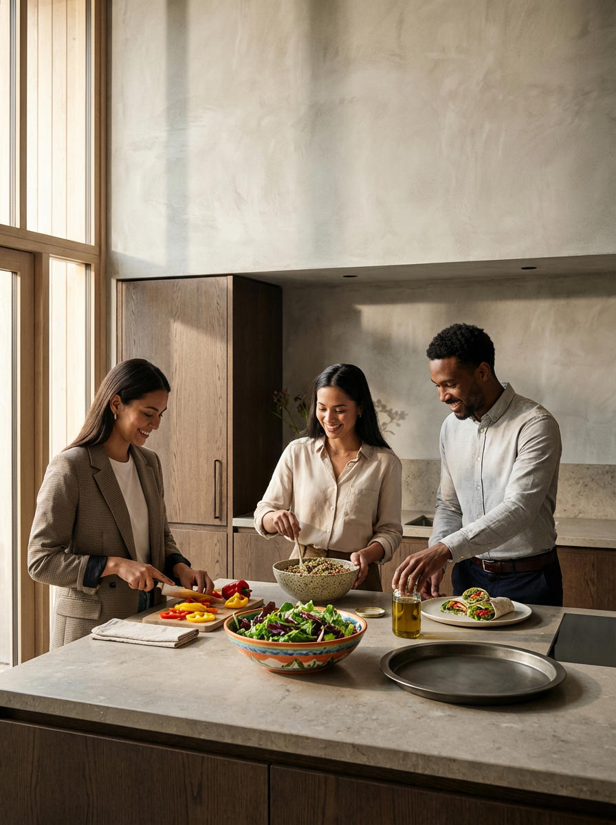 Three people preparing a meal together in a modern kitchen, with a large bowl of salad, sliced vegetables, and a plate of stuffed wraps on the countertop.