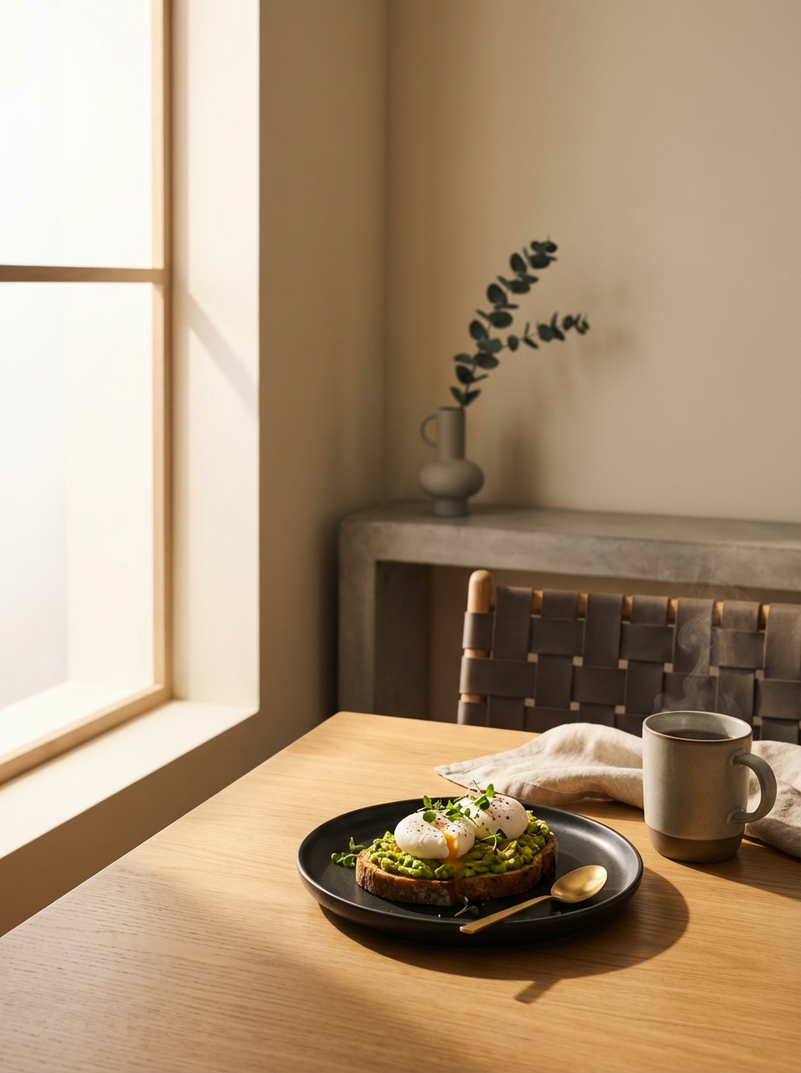 A plate with avocado toast topped with poached eggs and garnished with greens on a wooden table, next to a mug of coffee and a gold spoon, beside a white napkin; natural light coming through a nearby window.