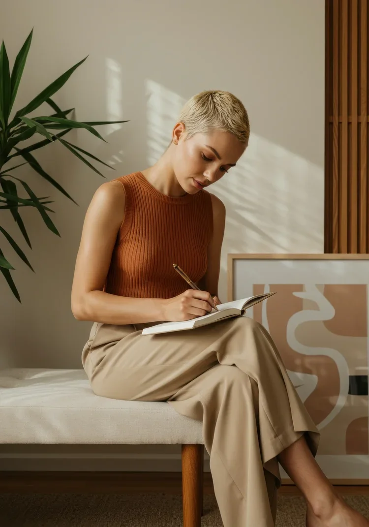 A woman with short, blond hair sitting on a bench, writing in a notebook, with a large plant and abstract artwork in the background.