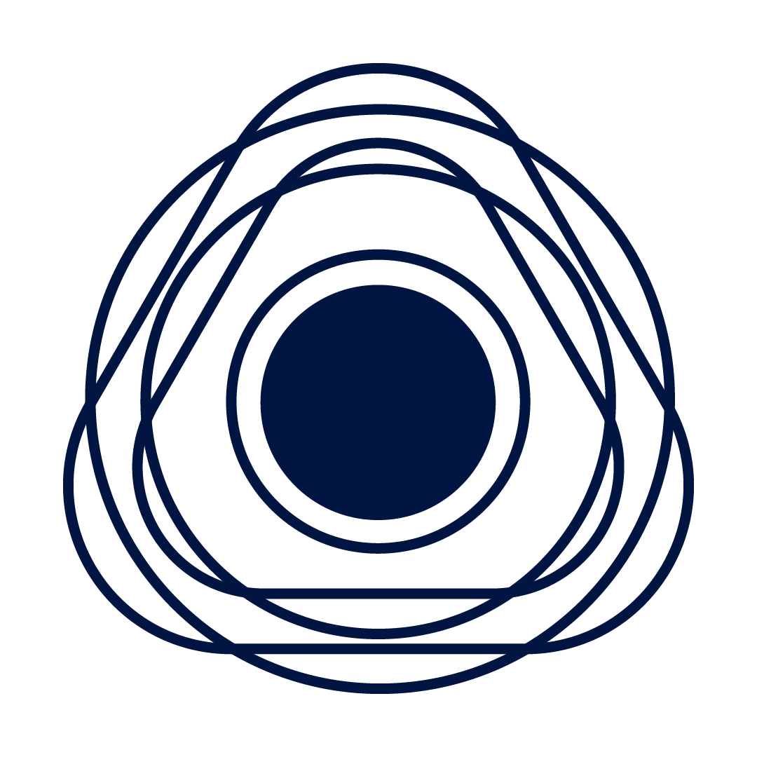 Icon with a dark blue geometric pattern with overlapping circular lines forming a triangular shape in the center on a black background.