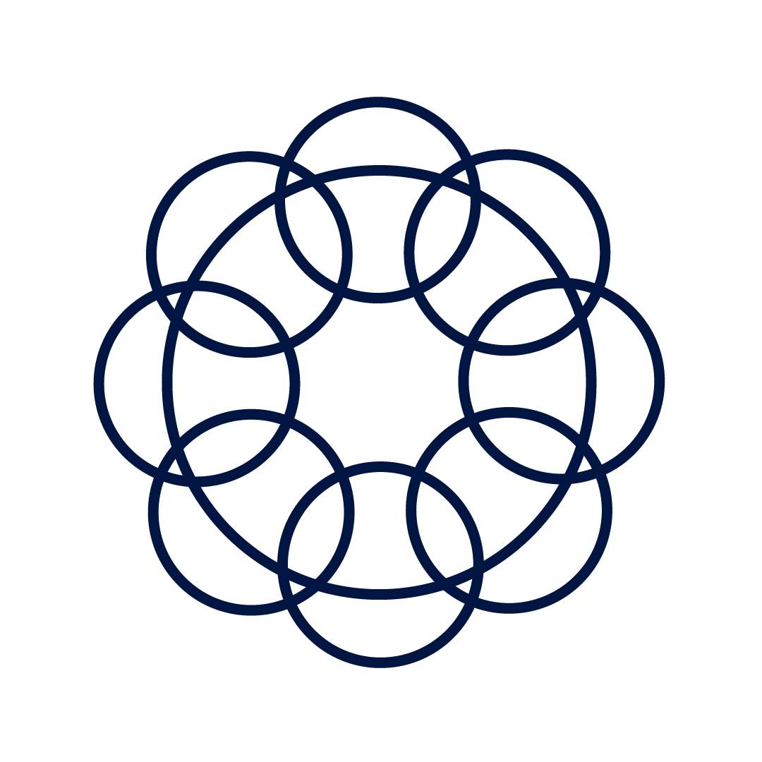 A circular geometric pattern made of interlocking blue circles.