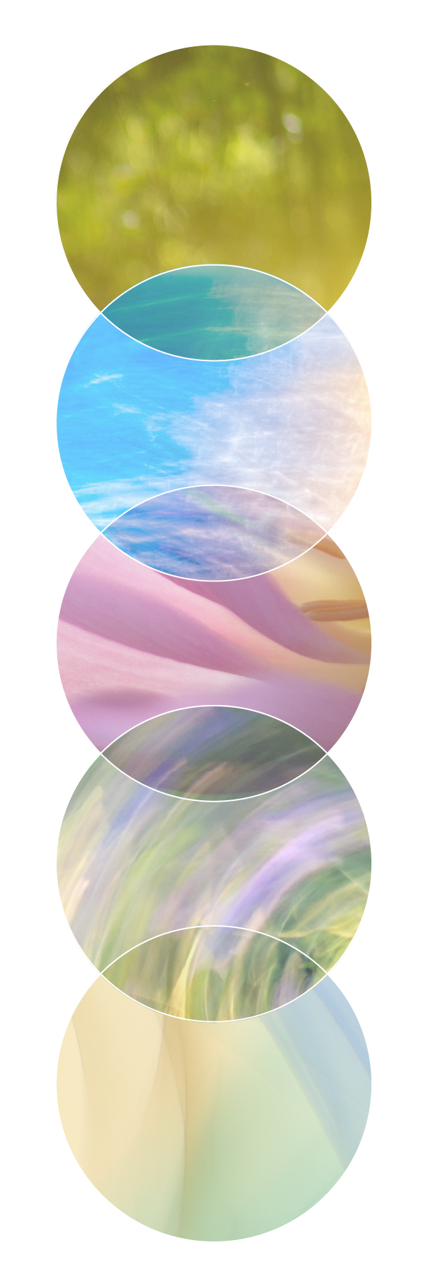 A vertically aligned collage of abstract, blurred nature images in six circles, featuring green foliage, blue sky, pink and purple flowers, and soft pastel colors.