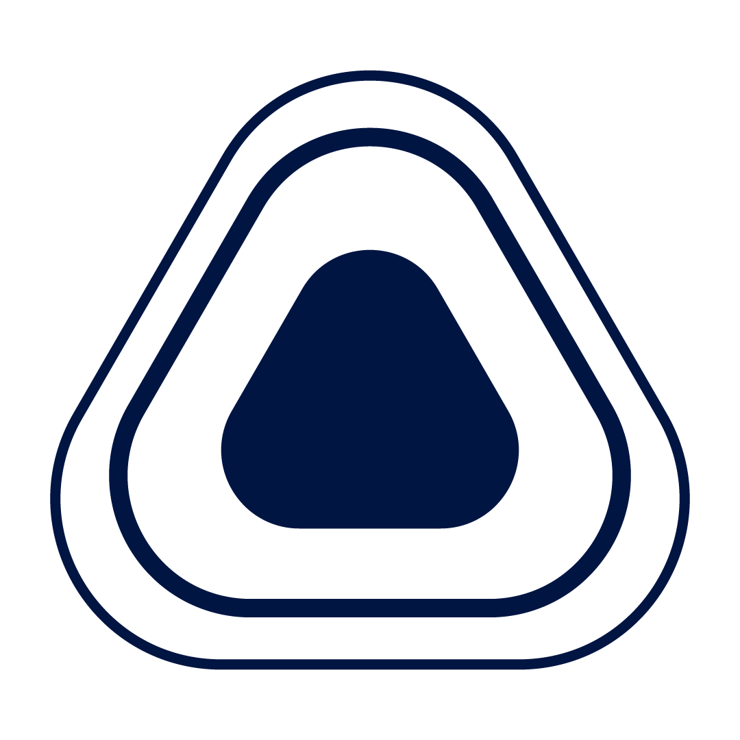 A triangular icon with rounded edges featuring three concentric shapes in dark blue and black.