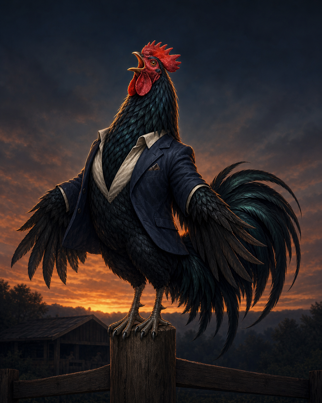 Anthropomorphic Rooster wearing a suit jacket and shirt, standing on a wooden post at sunset.