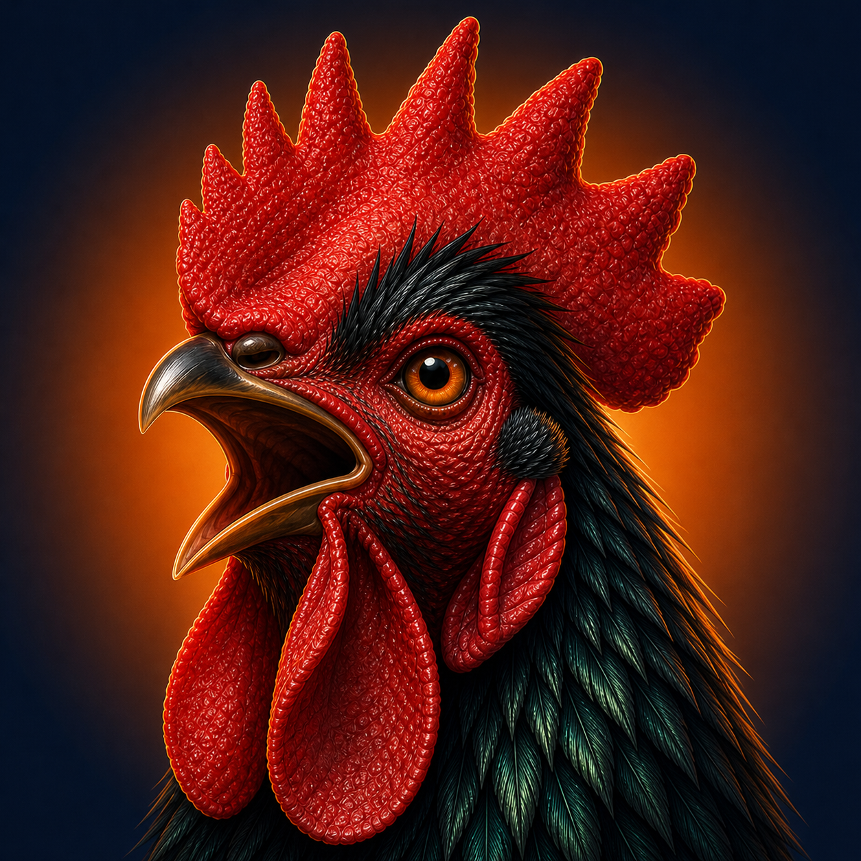 A highly detailed digital illustration of a rooster with vivid red comb and wattles, orange eyes, and black and green feathers, set against a dark, glowing background.
