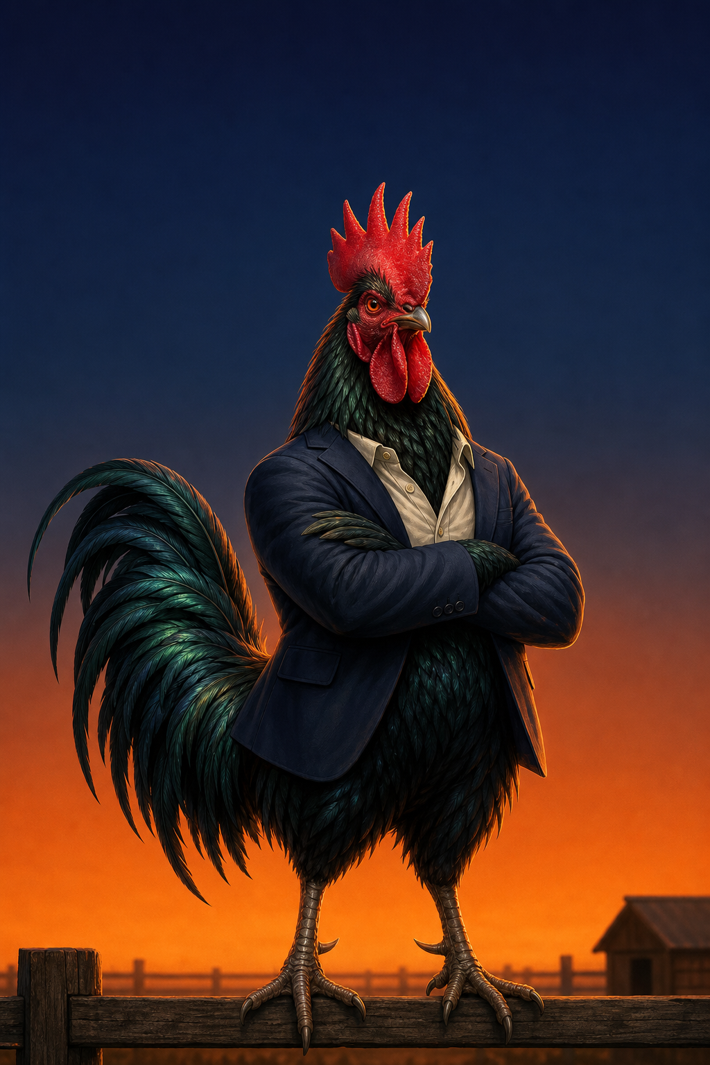 A humanoid Rooster dressed in a business suit with arms crossed, standing on a wooden fence against a sunset background.