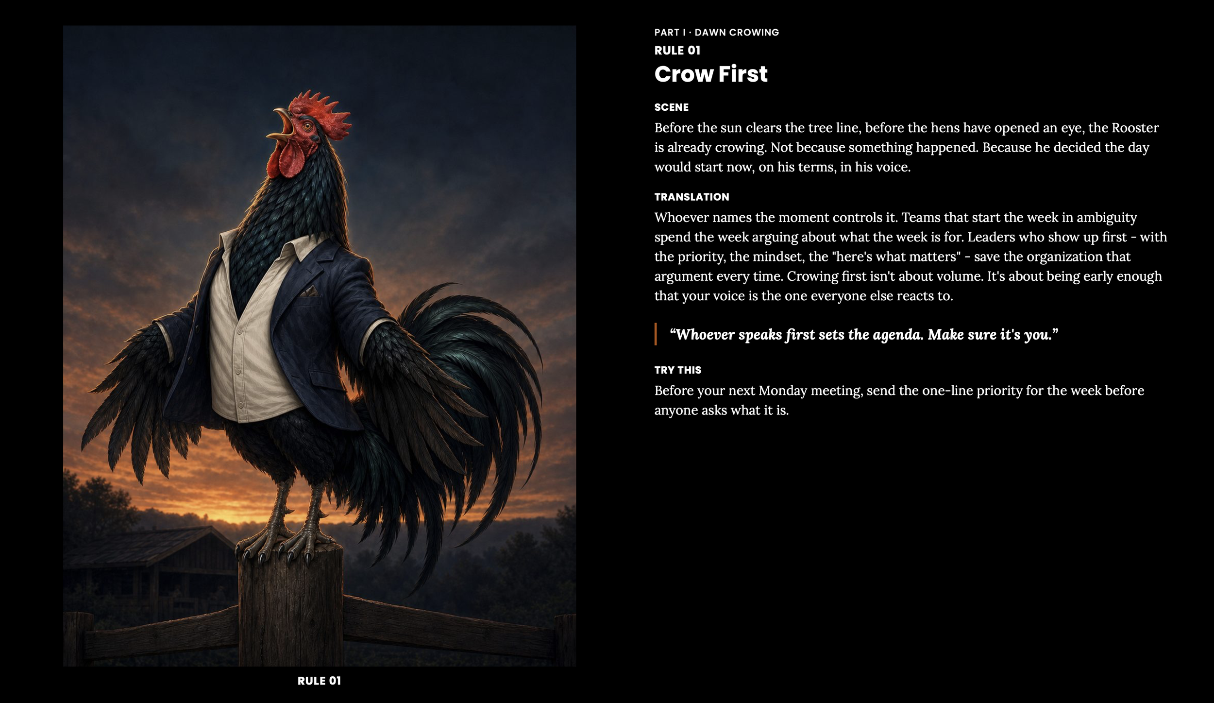 A person with a rooster's head standing outdoors at sunset, wearing a suit jacket over a shirt, with a rooster's comb on their head, and their hands on their hips.