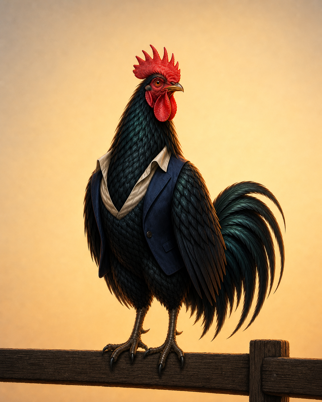The Rooster CEO standing thoughtfully on a fence rail in a navy blazer, ready to talk business.
