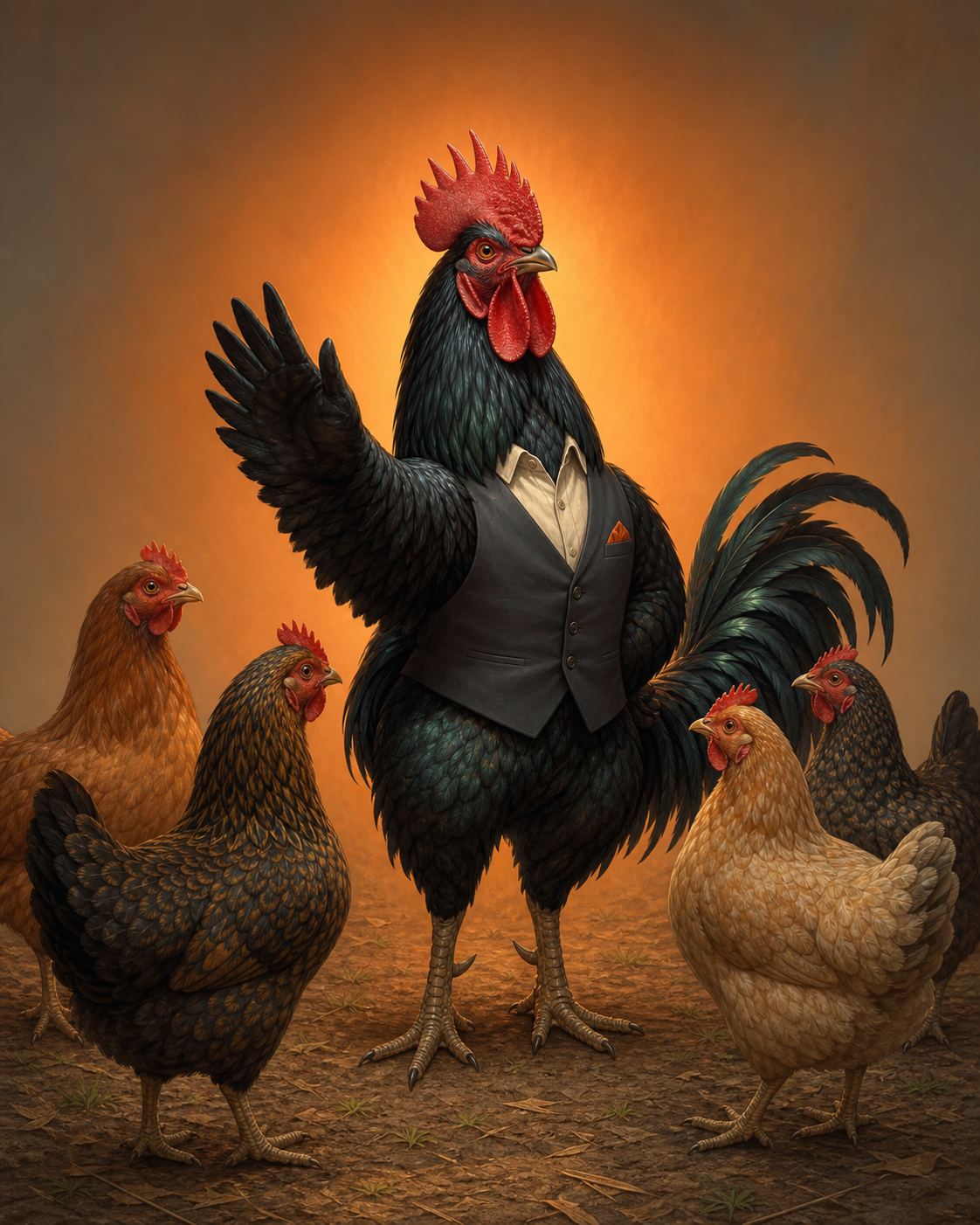 A human-like Rooster dressed in a suit, surrounded by hens, with a warm orange background.